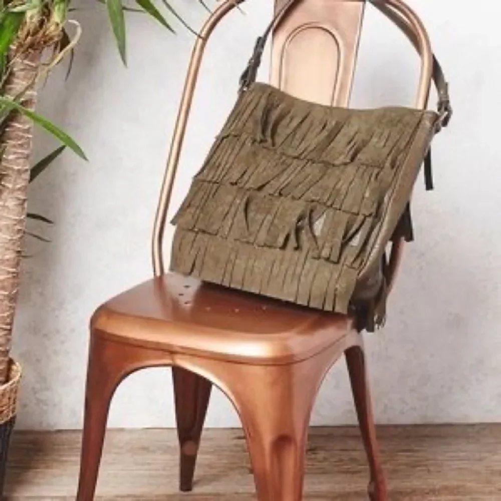 Free People Ashbury Fringe Vegan Leather Olive Green Tote.